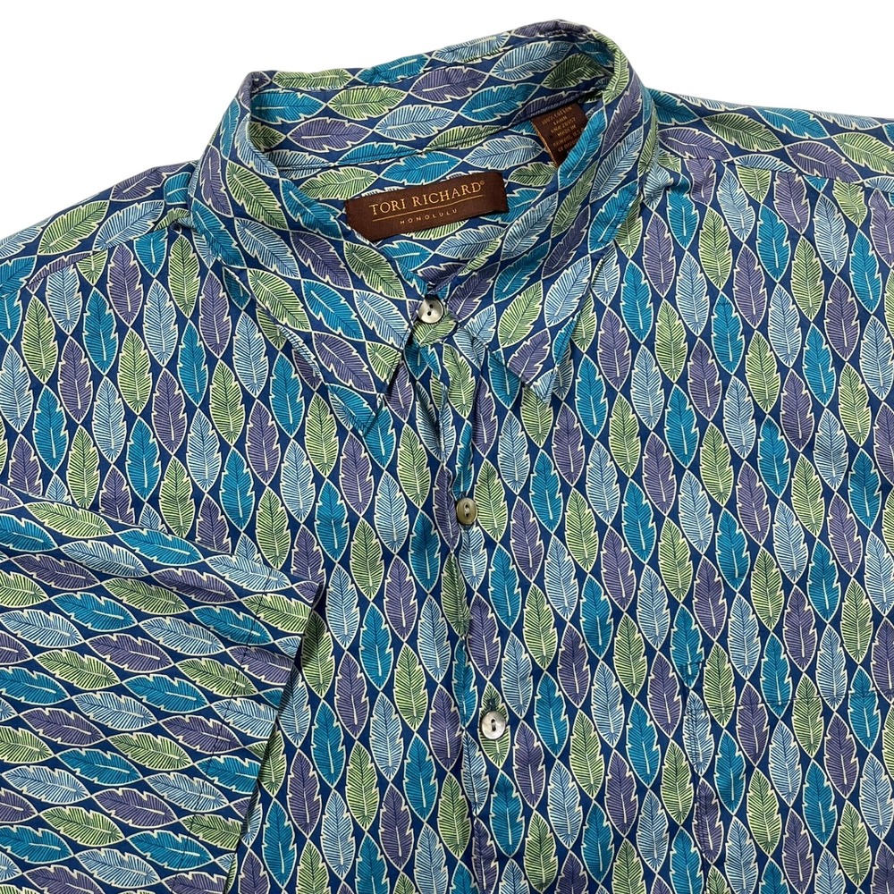 Tori Richard Button Down Shirt Mens XL Blue Leaf Cotton Lawn Made in Hawaii
